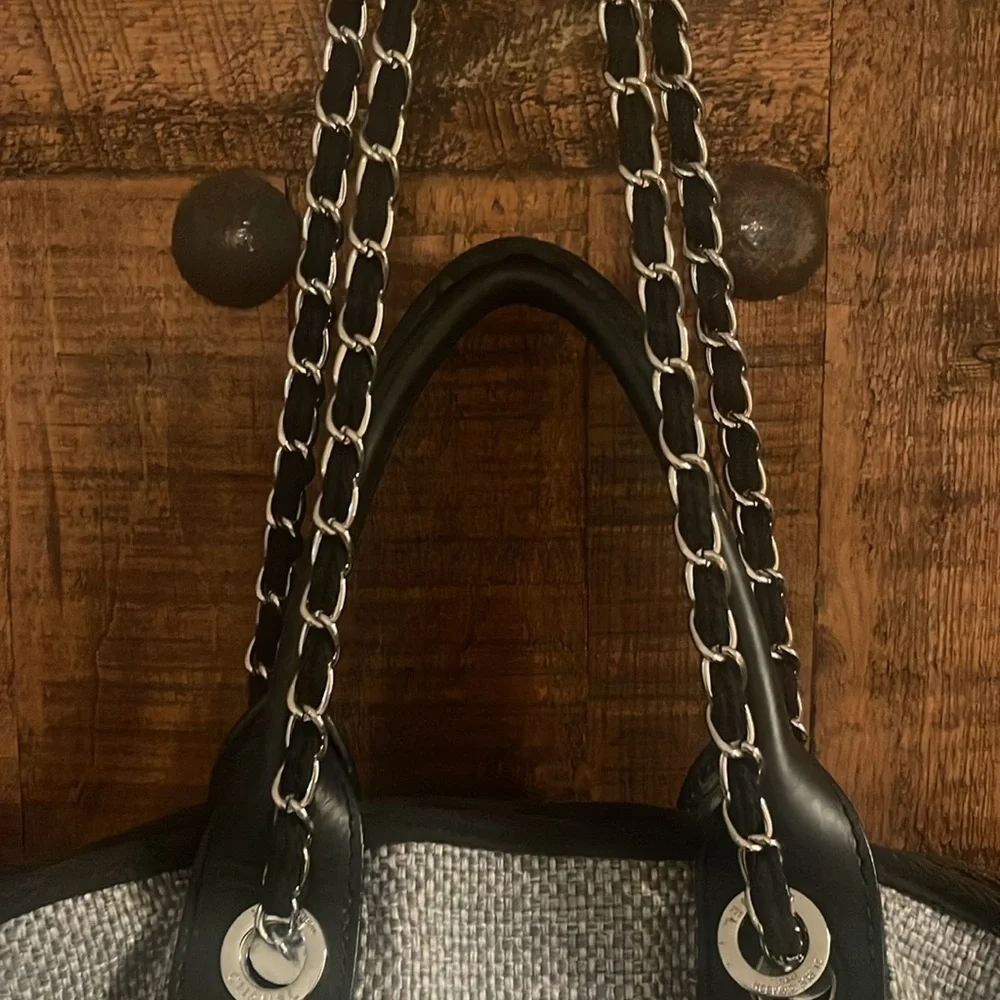 Authentic CHANEL CC Canvas Deauville Tote Chain Shoulder Bag